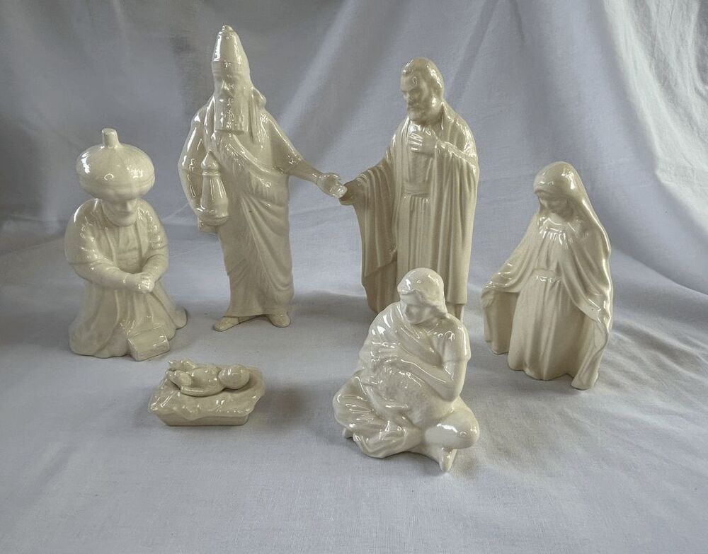 White Ceramic Christmas Nativity Set of Six, Baby Jesus, Wise Men, Signed Kay